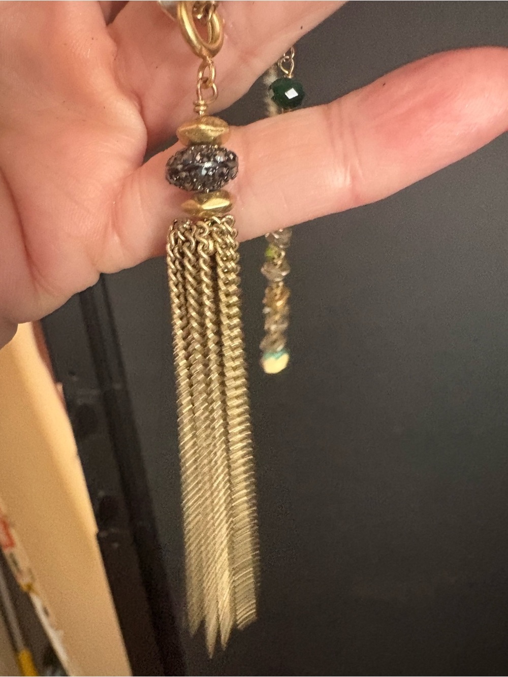 Gold Tassel Drop Earrings with Dark Crystal Accent - Women Jewelry